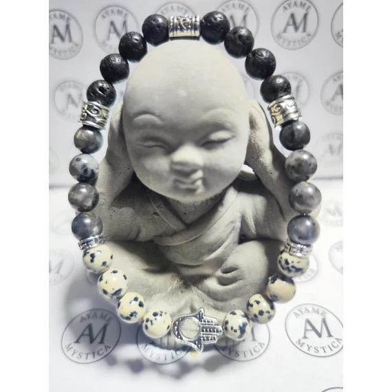 A Védelem és Stabilitás Karkötője – Larvikit • Lávakő • Dalmata Jáspis • Hamsa(21cm)